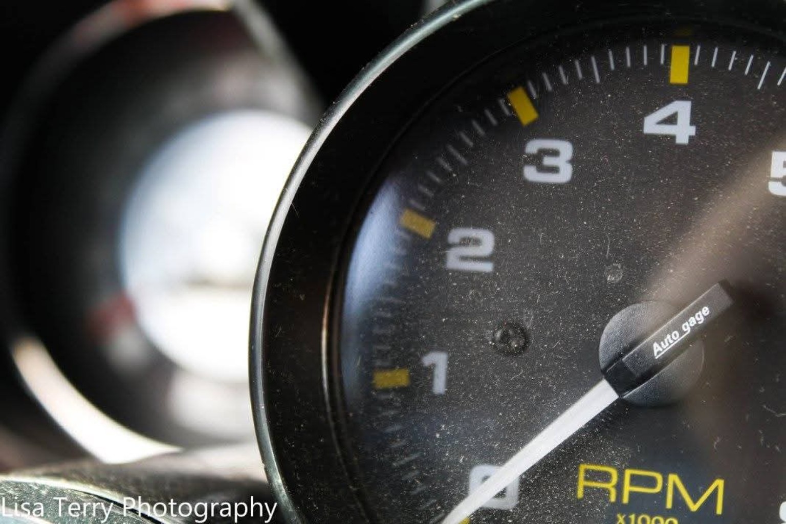 Close-up of the RPM gauge inside Chris's 1968 Camaro